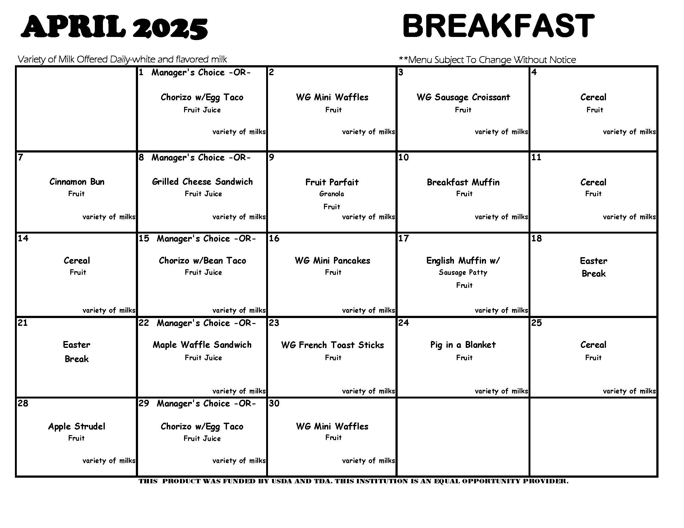 April 2025 breakfast menus