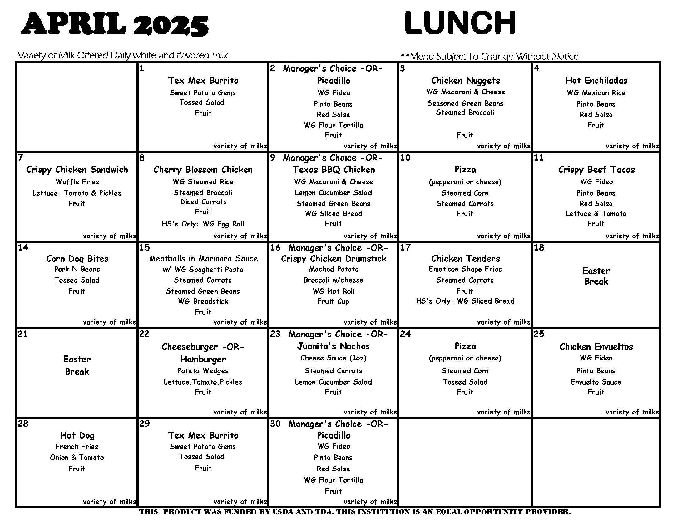 April 2025 lunch menus