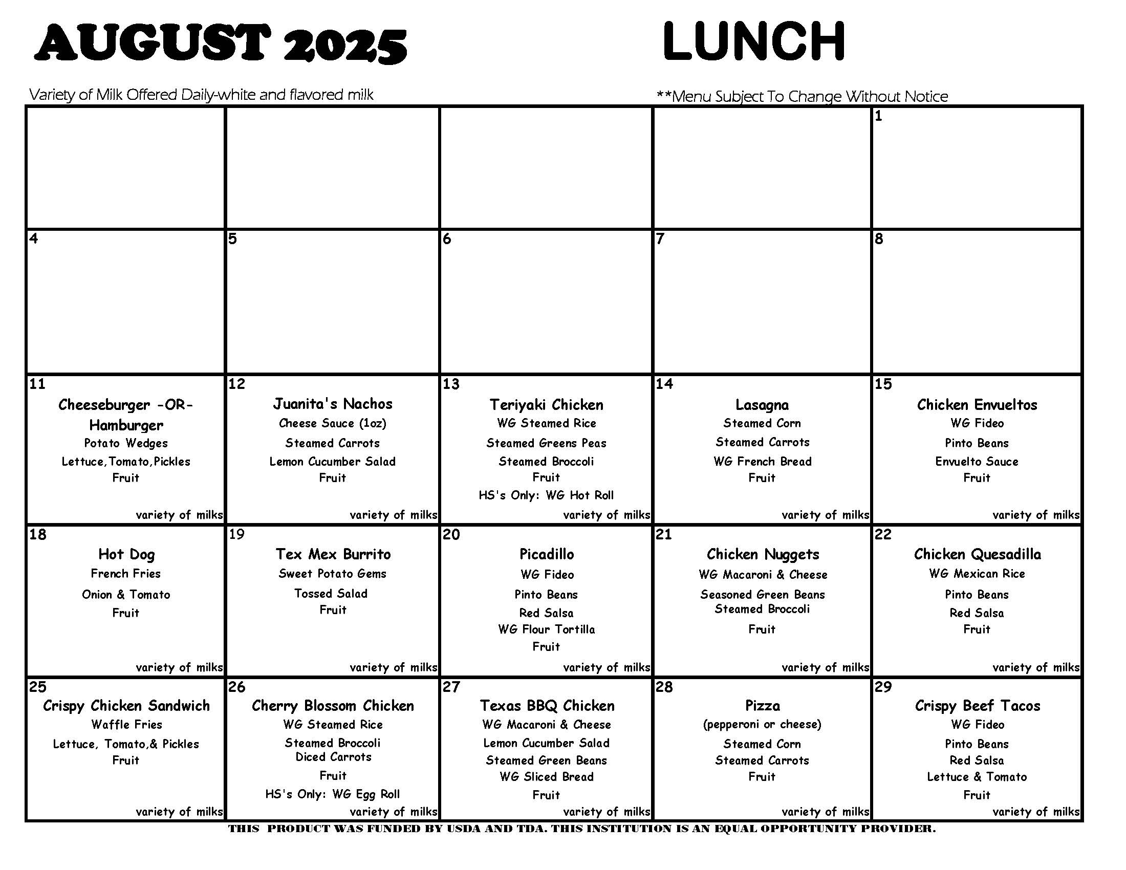 August 2025 lunch menus