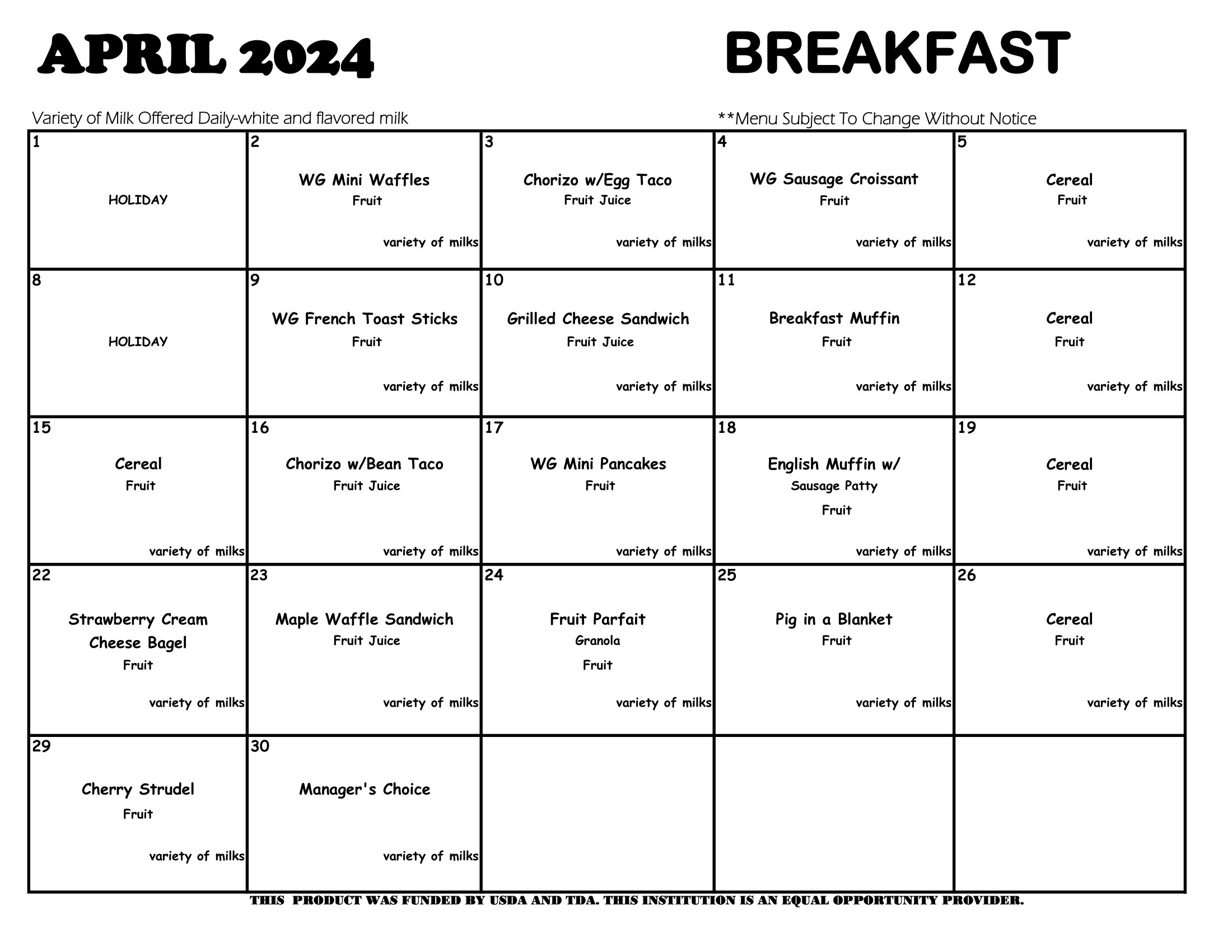April 2024 Breakfast menus