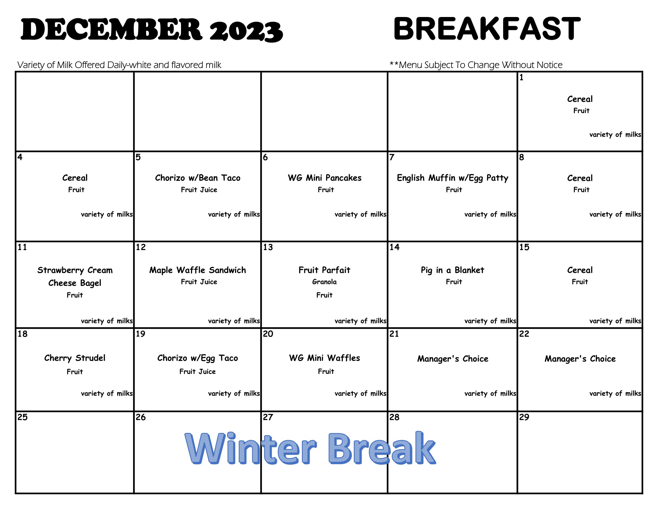 December 2023 Breakfast menus
