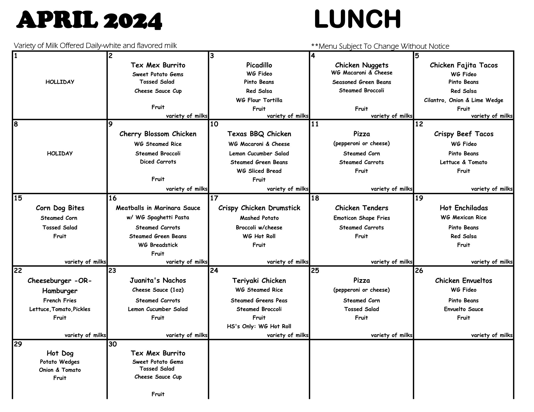 April 2024 lunch menus