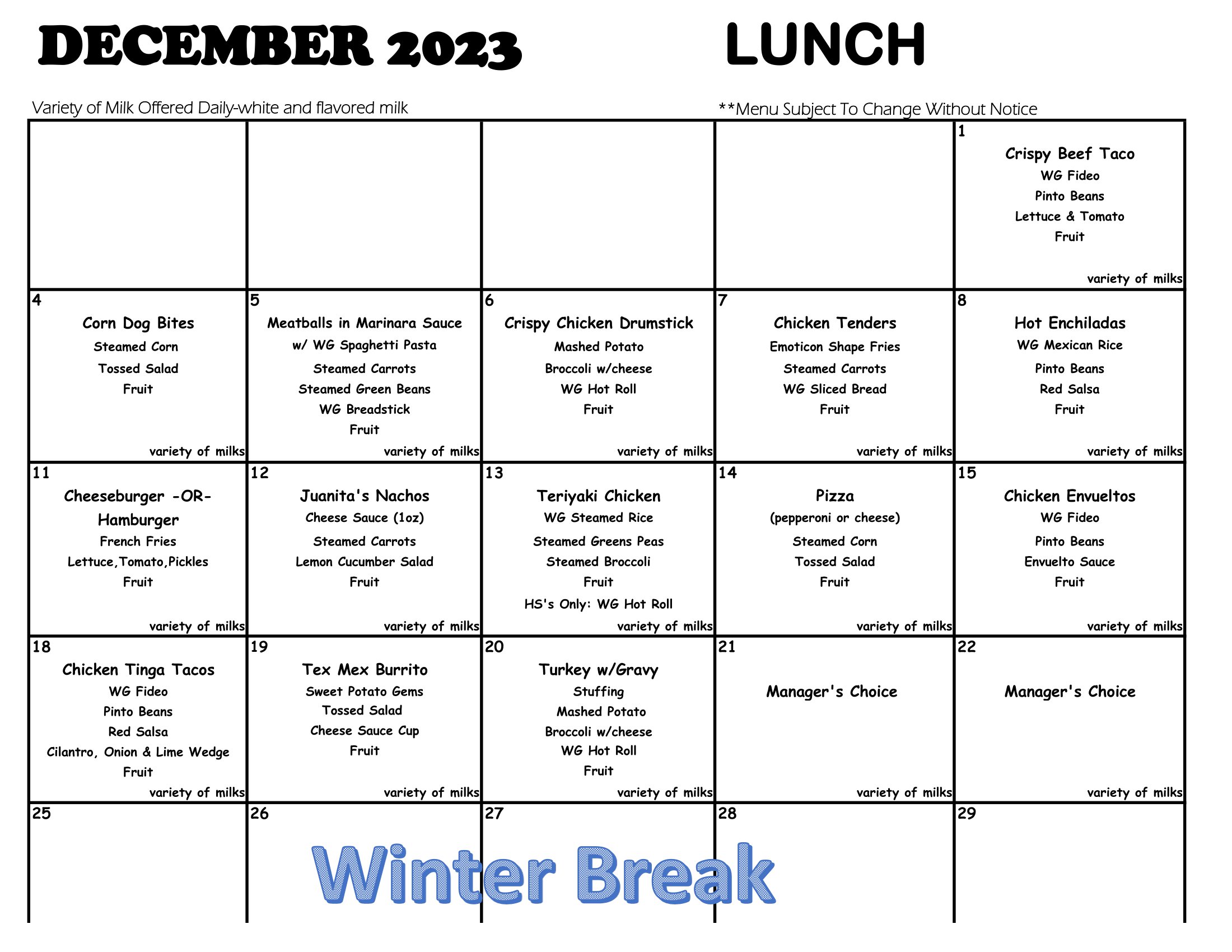 December 2023 lunch menus