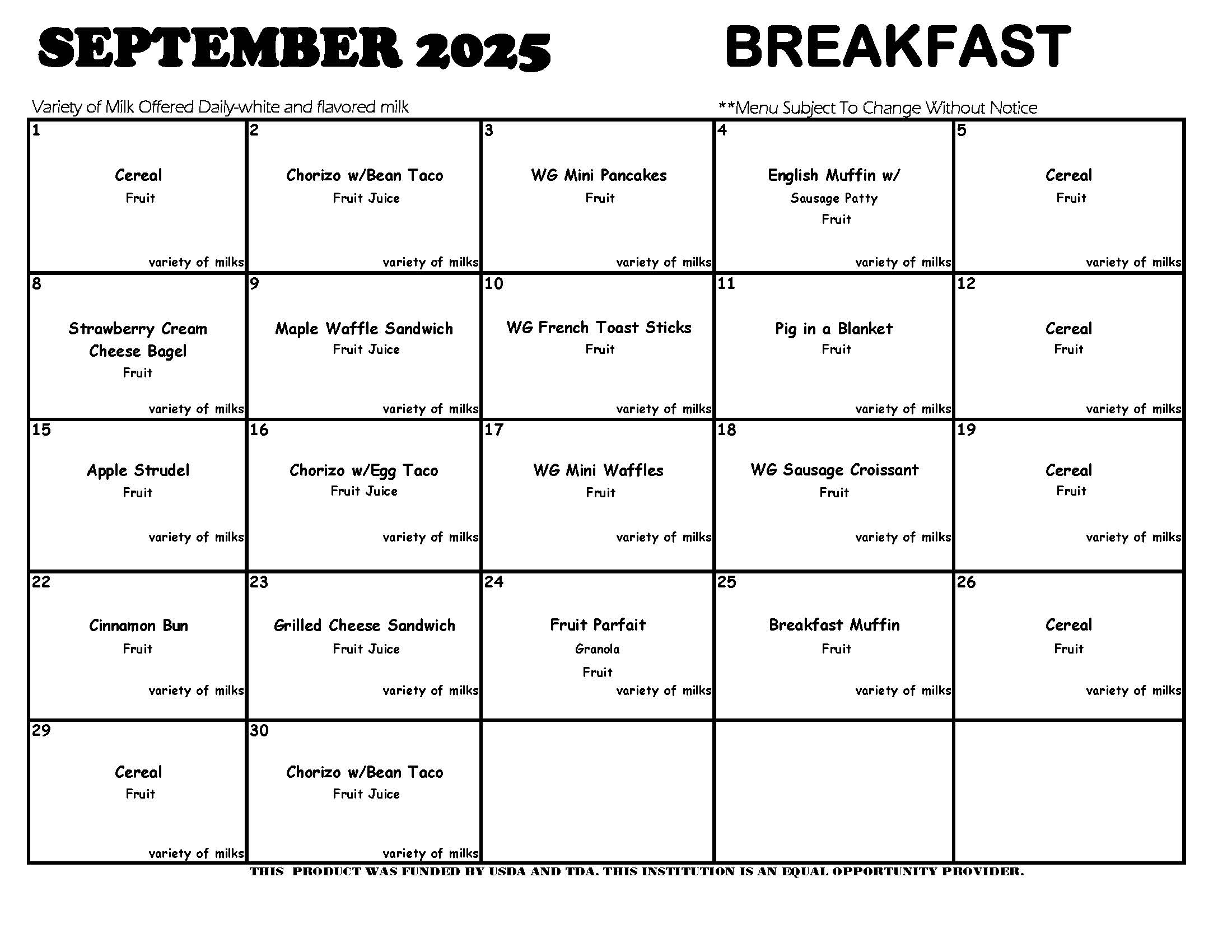 September 2025 menus