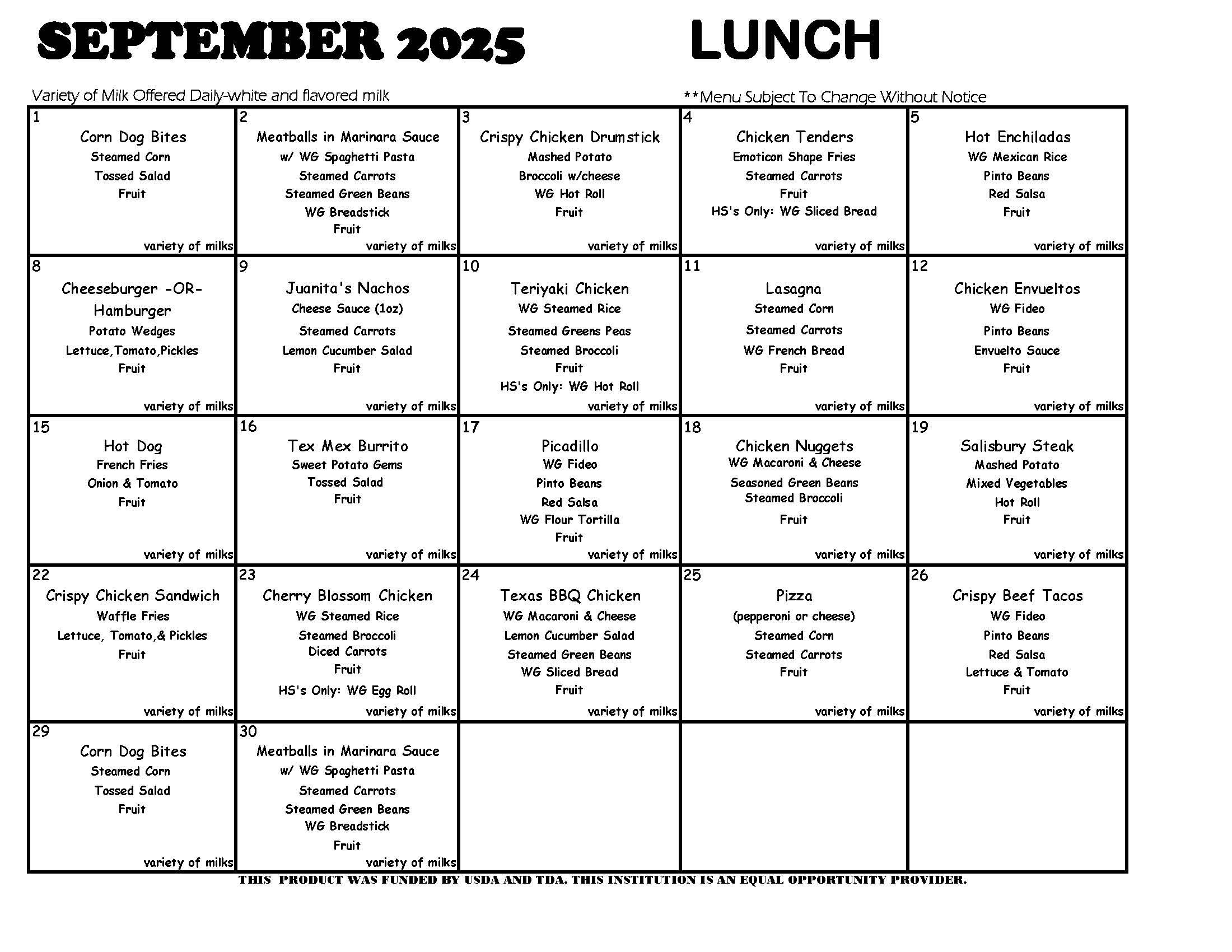 September 2025 lunch menus