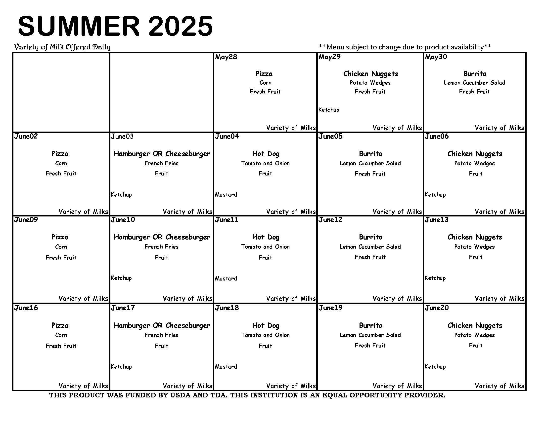 Summer 2025 menus