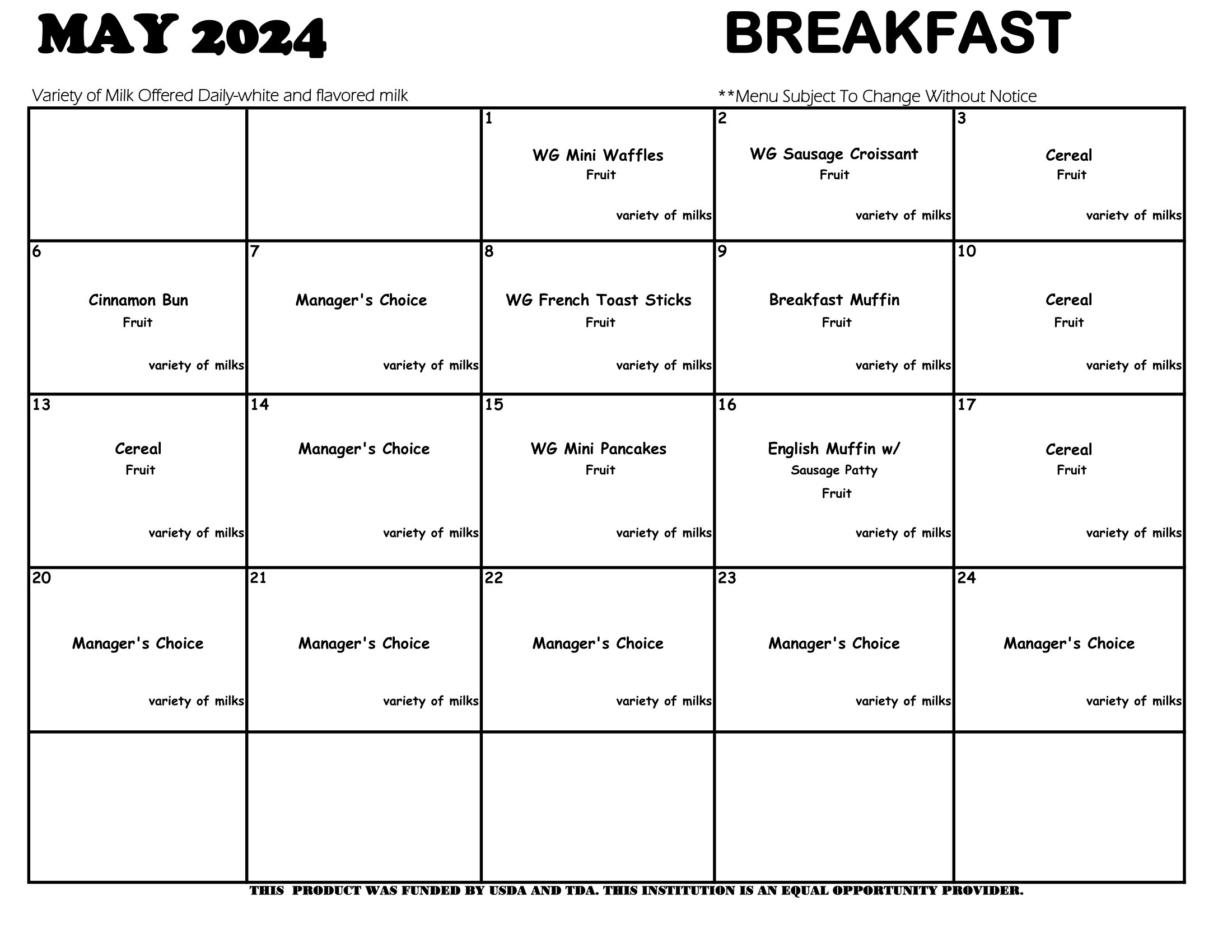 May 2024 Breakfast menus