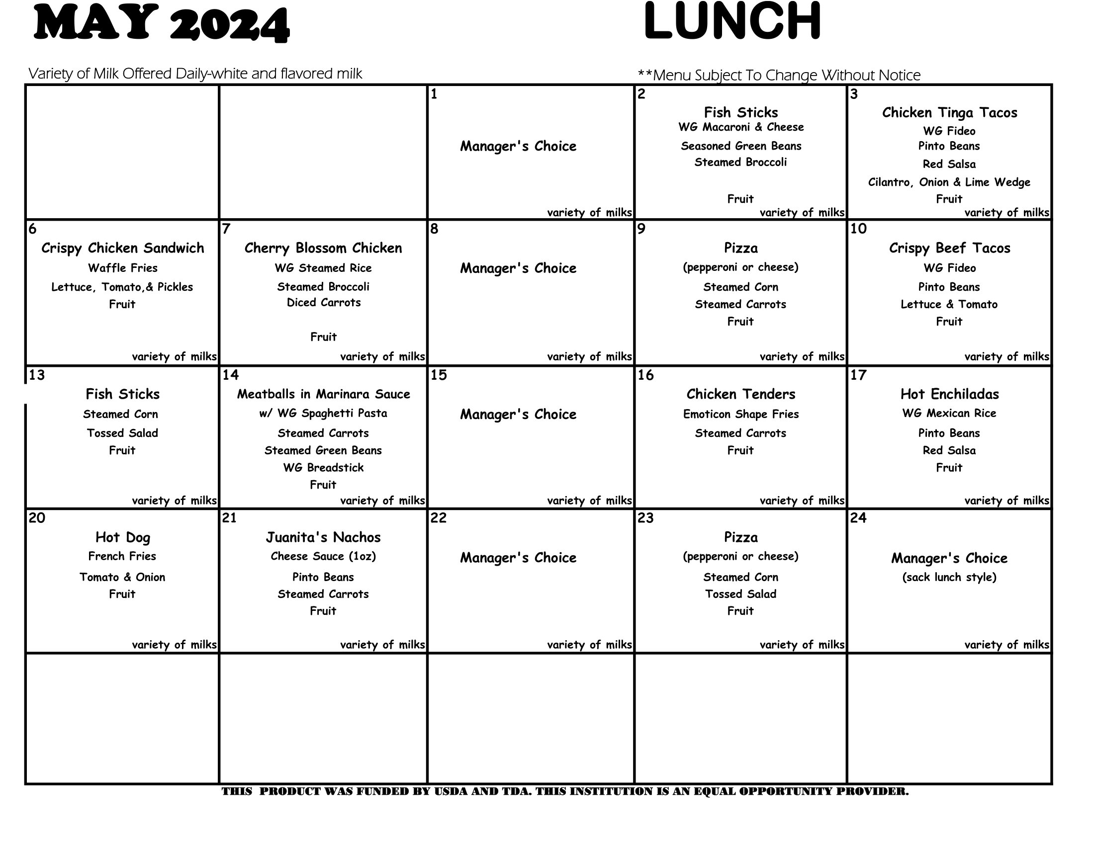 May 2024 lunch menus
